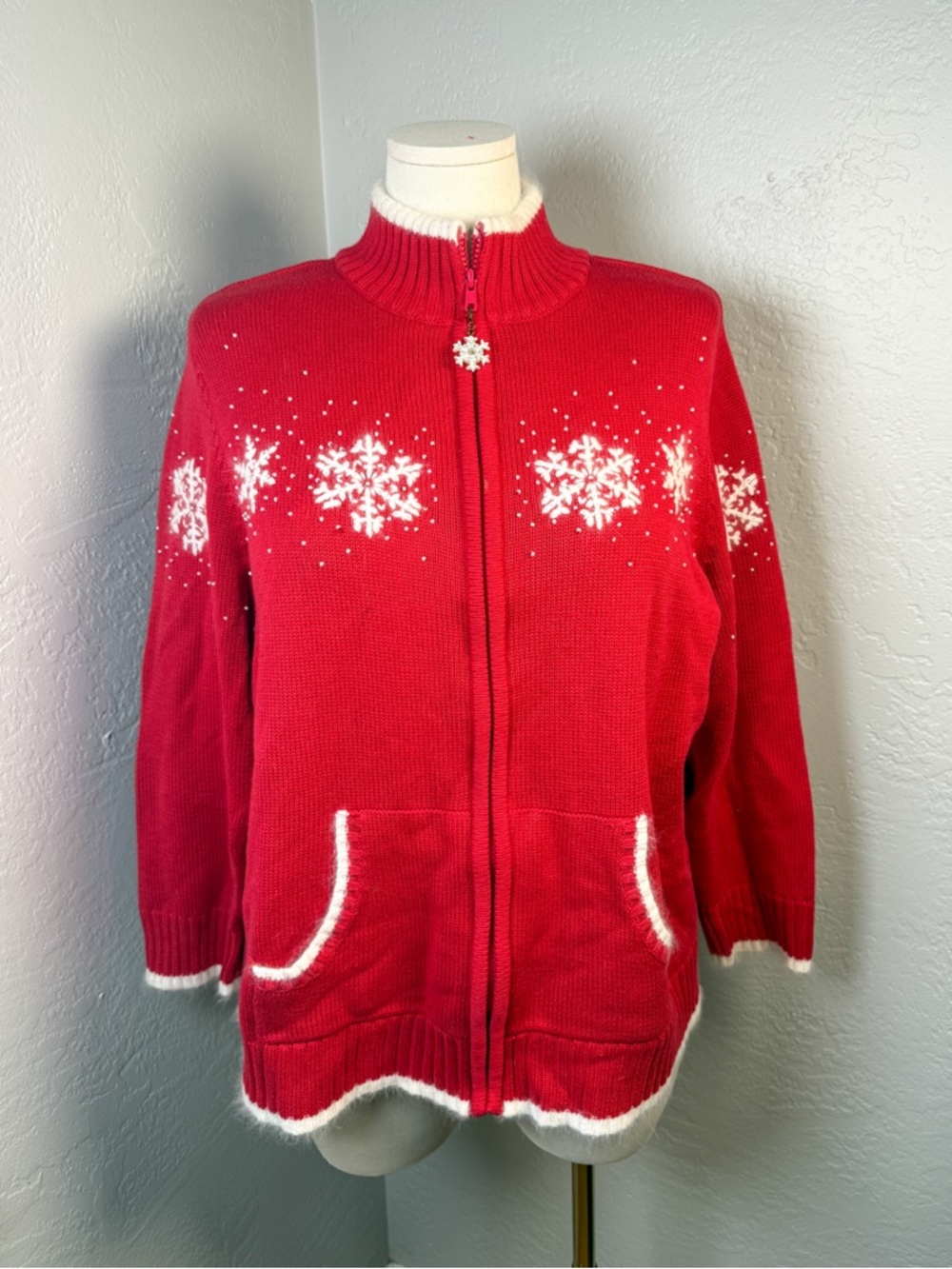 Quacker Factory Red Snowflake Zip Up Holiday Winter Cardigan Plus Size 2X